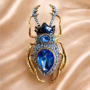 Vintage Gold Beetle Blue Crystal Brooch